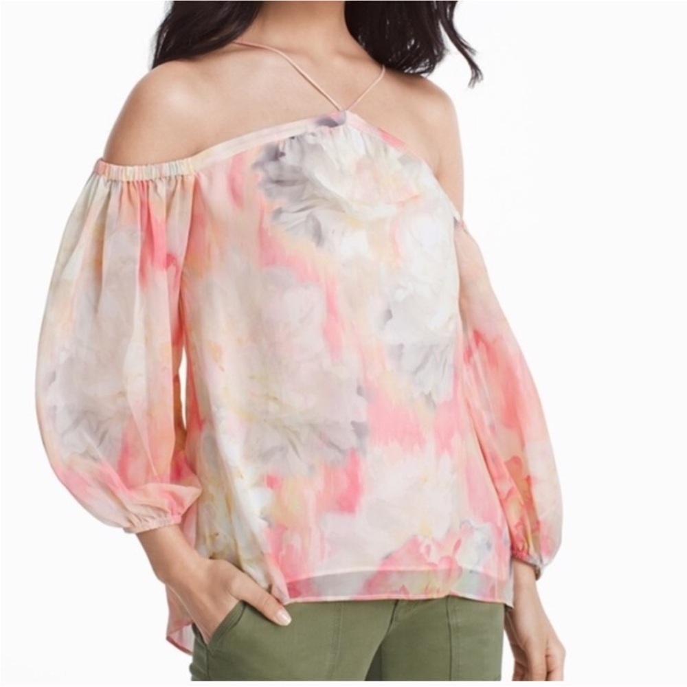White House Black Market Watercolor Cold Shoulder Blouse - Picture 1 of 8